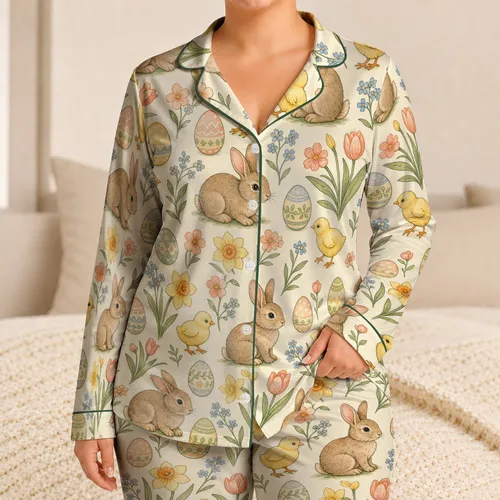 Watercolor Easter Bunnies Chicks And Floral Eggs For Spring Family Celebrations And Gifting Satin Pajamas Set