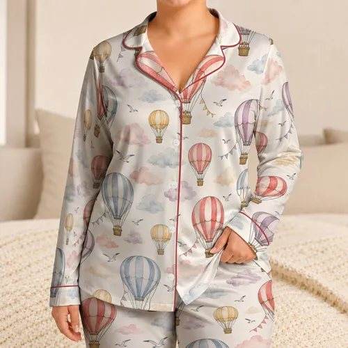 Vintage Hot Air Balloons And Clouds For Spring Travel Lovers And Relaxed Weekend Lounging Satin Pajamas Set