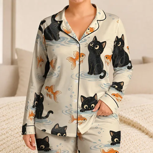 Black Cats and Goldfish for Cat Lovers During Cozy Relaxing Nights at Home Satin Pajamas Set