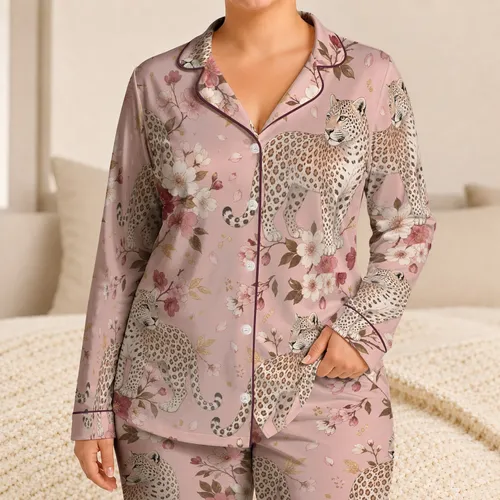White Leopard Cherry Blossom Blush Botanical Loungewear Gift for Women and Teens Satin Pajamas Set