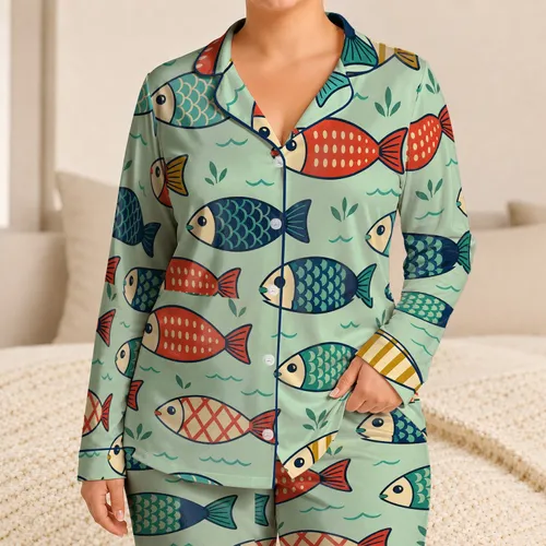 Colorful Folk Fish Motif for Coastal Lounging, Relaxed Bedtime and Ocean Lover Gifts Satin Pajamas Set