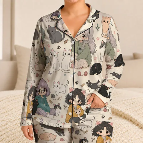 Chibi Cat Girls And Cozy Kittens For Anime Fans And Cat Lovers Satin Pajamas Set