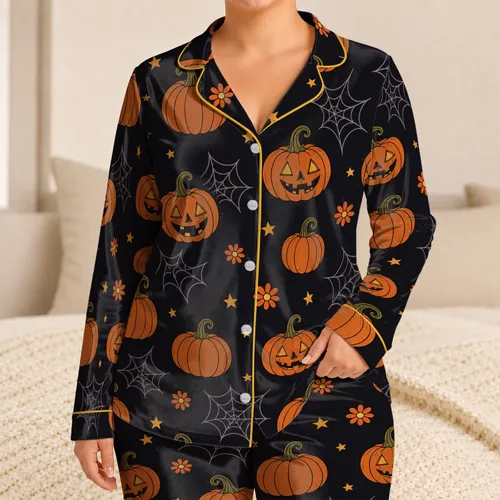 Vintage Pumpkins And Spiderwebs For Halloween Sleepovers And Cozy Fall Nights Women Satin Pajamas Set