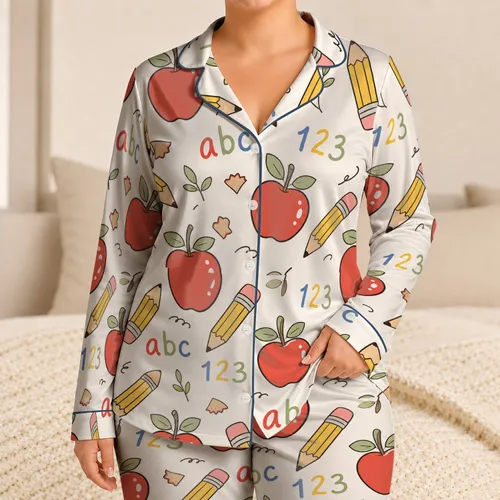 Hand Drawn Apple Pencil ABC 123 Classroom Motifs for Cozy School Nights Teachers Satin Pajamas Set