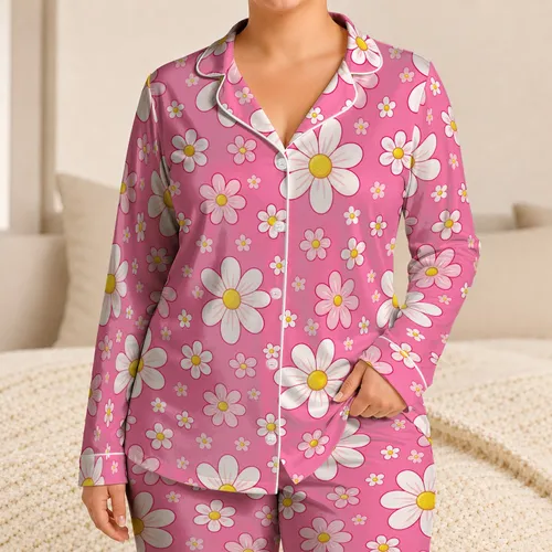 Pink Daisy Flower All Over Floral For Cheerful Summer Lounging And Thoughtful Gift Giving Satin Pajamas Set