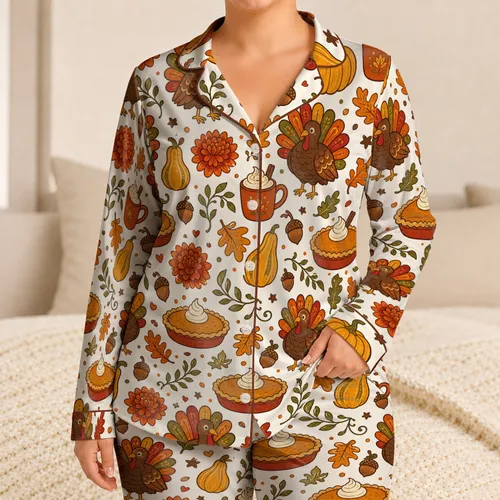Thanksgiving Turkey Pumpkin Pie Autumn Harvest Cozy Sleepwear Gift for Women Satin Pajamas Set