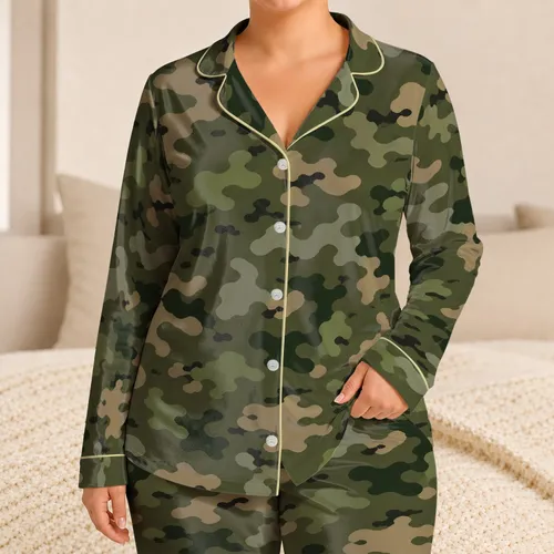 Classic Olive Drab Camouflage For Military Inspired Lounge And Sleepwear Style Women Satin Pajamas Set