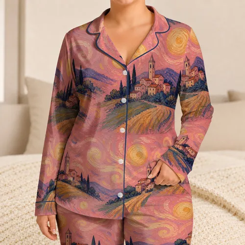 Pink Starry Countryside Village Nightscape For Cozy Evening Relaxation And Art Lovers Satin Pajamas Set