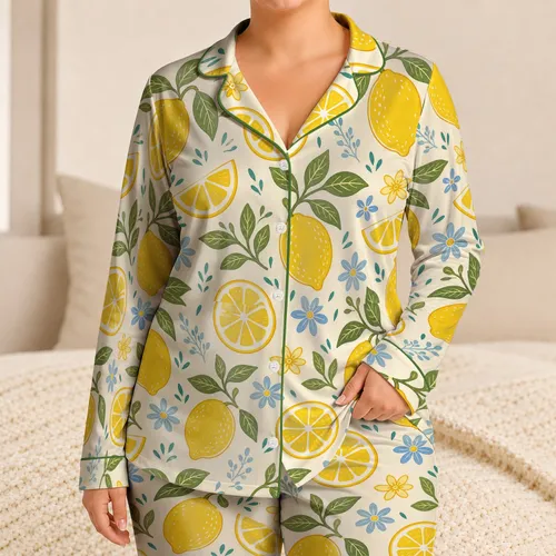 Cheerful Lemon Citrus And Blue Flowers For Summer Lounging And Relaxed Sleepwear Gifts Satin Pajamas Set