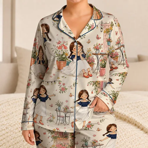 Storybook Braided Girls Floral Garden Motif for Cozy Spring Nights and Lounging Women Satin Pajamas Set
