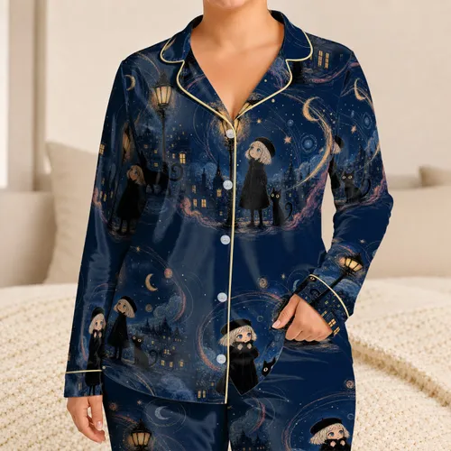 Storybook Girl And Black Cat Moonlit Starry City For Book Lovers And Halloween Fans Satin Pajamas Set