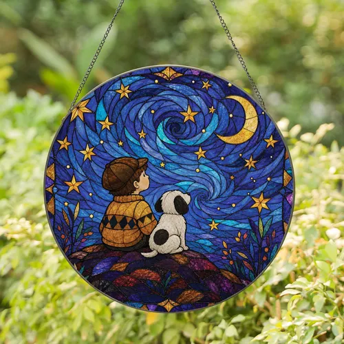 Boy and Dog Under Starry Night Glass Wall Decor for Nursery and Friendship Gifts Stained Glass Suncatcher