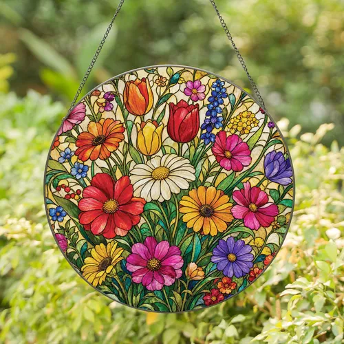 Wildflower Meadow Stained Glass Window Accent For Cottage Gardens And Bright Homes Stained Glass Suncatcher
