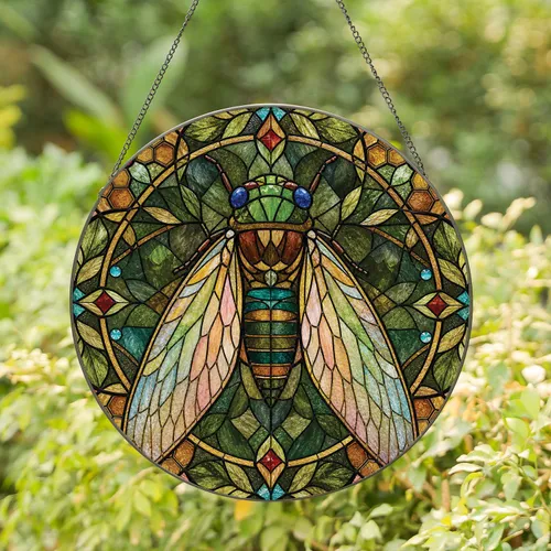 Cicada Stained Glass Window Panel for Garden Lovers and Nature Inspired Home Decor Stained Glass Suncatcher