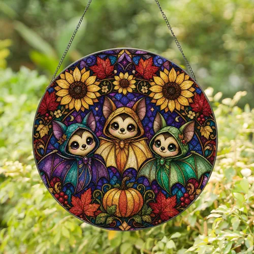 Gothic Bat Trio with Sunflowers and Autumn Leaves for Halloween Window Decor Accent Stained Glass Suncatcher