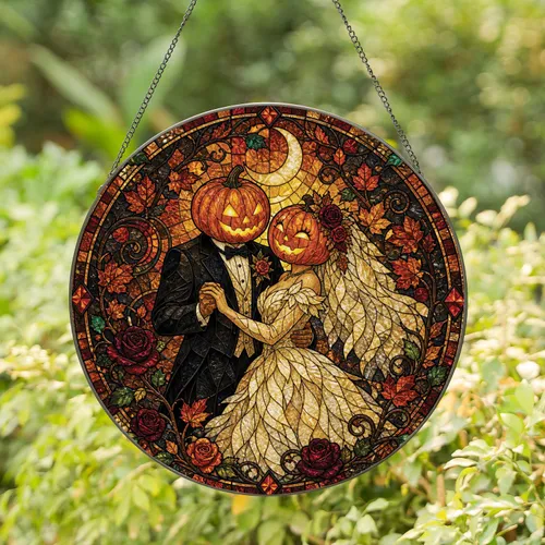 Halloween Pumpkin Bride And Groom Gothic Wedding Decor For Autumn Romance Home Gift Stained Glass Suncatcher