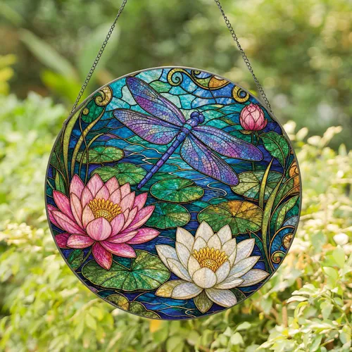 Dragonfly Lotus Pond Window Decor For Botanical Garden Lovers And Mom Gift Glass Stained Glass Suncatcher