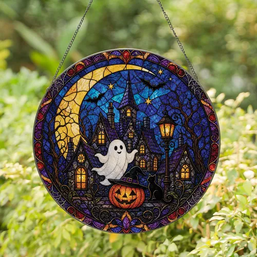 Halloween Ghost Moon Window Hanging For Spooky Home Decor And Cat Lovers Witchy Gift Stained Glass Suncatcher