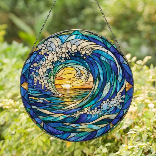 Ocean Wave Stained Glass Window Decor for Coastal Home Gift for Mom and Grandma Keepsake Stained Glass Suncatcher