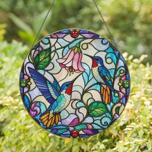 Hummingbird Stained Glass Window Panel Gift for Mom, Cottage Home Accent Decor Style Stained Glass Suncatcher