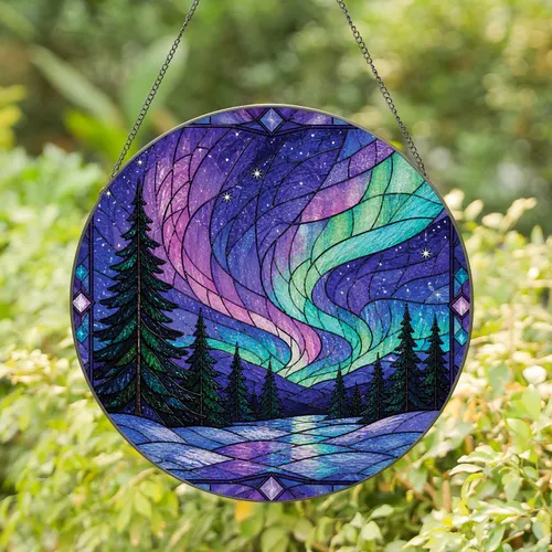 Northern Lights Aurora Forest Window Accent for Cozy Cabin Decor and Nature Lovers Stained Glass Suncatcher