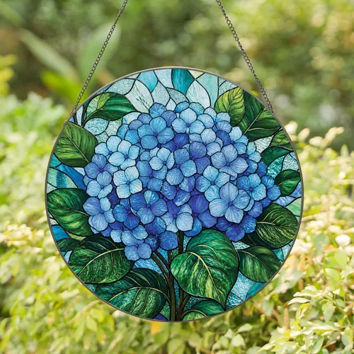 Blue Hydrangea Stained Glass Window Hanging for Cottage Garden Decor and Flower Lovers Stained Glass Suncatcher