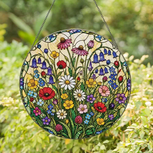 Wildflower Meadow Stained Glass Gift for Spring Homes and Garden Lovers Wall Decor Stained Glass Suncatcher