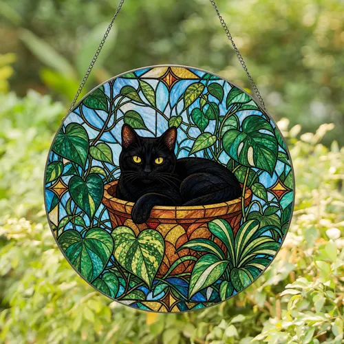 Black Cat in Stained Glass Planter for Cat Lovers Cozy Home Wall Decor Gift Idea Stained Glass Suncatcher