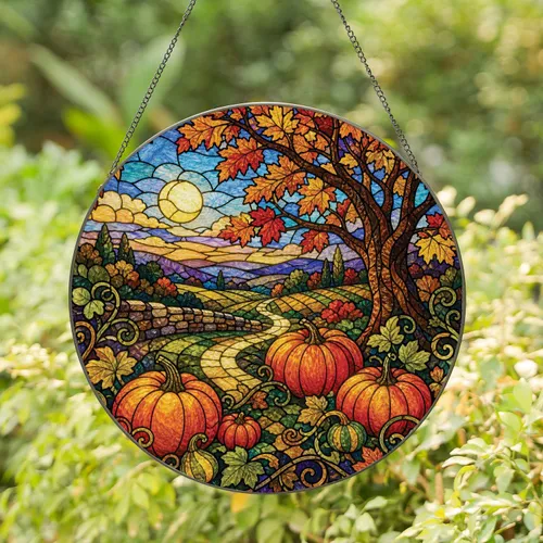 Autumn Harvest Oak And Pumpkin Window Decor For Cozy Farmhouse Homes And Year-Round Gifts Stained Glass Suncatcher