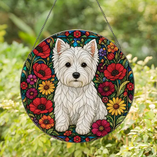 West Highland Terrier Stained Glass Wildflower Window Decor for Cottage Home Gift Stained Glass Suncatcher