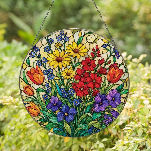 Wildflower Bouquet Cottage Decor Gift For Mom, Mother's Day, Garden Home Accent Piece Stained Glass Suncatcher
