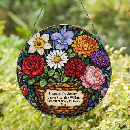 Personalized Grandma's Garden Stained Glass Name Plaque Memorial Gift for Mom, Nana, and Family