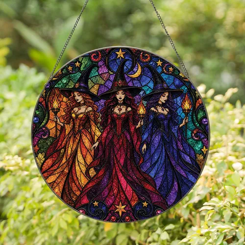 Three Gothic Witch Sisters Halloween Stained Glass Gift For Witchy Homes And Altars Stained Glass Suncatcher