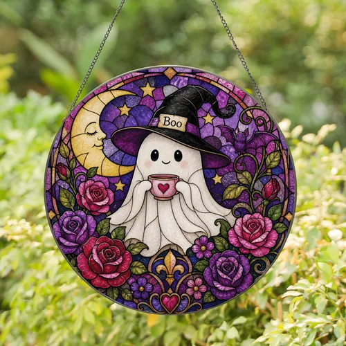 Cute Ghost Moon Window Decor With Witch Hat For Halloween Home Gift Display Charm Stained Glass Suncatcher