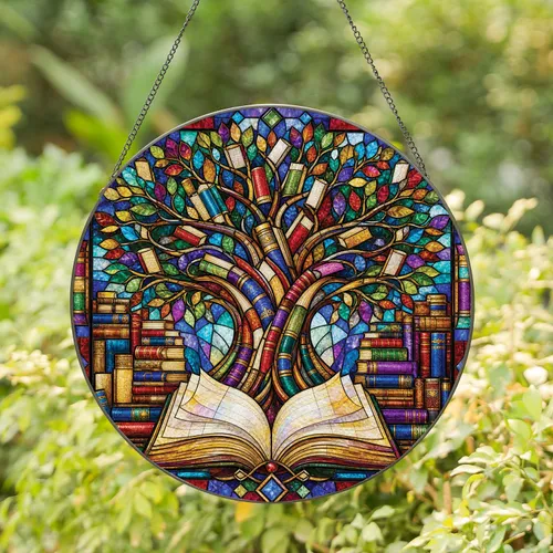 Tree Of Knowledge Stained Glass Window Accent For Readers, Librarians, And Scholars Stained Glass Suncatcher