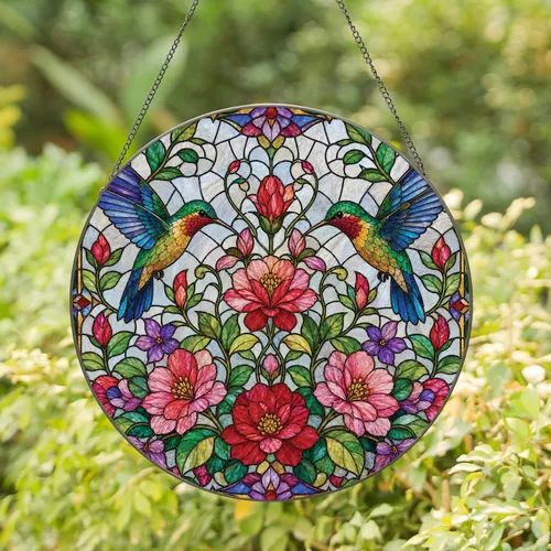 Hummingbird Floral Window Hanging for Cottage Homes and Nature Lovers Gift Decor Stained Glass Suncatcher
