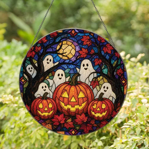 Halloween Pumpkin and Ghost Window Decor for Cozy Autumn Homes and Seasonal Gifting Stained Glass Suncatcher