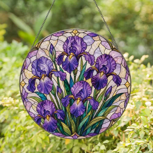 Purple Iris Bouquet Glass Window Decor for Flower Lovers and Spring Home Accents Stained Glass Suncatcher