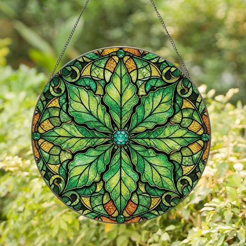 Leaded Botanical Star With Emerald Leaves For Garden Lovers, Weddings, And Gifts Stained Glass Suncatcher