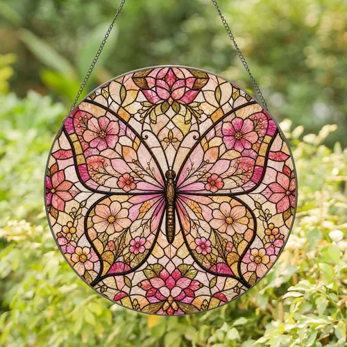 Pressed Flower Butterfly Memorial Window Decor for Cottagecore Garden Home Gifts Stained Glass Suncatcher