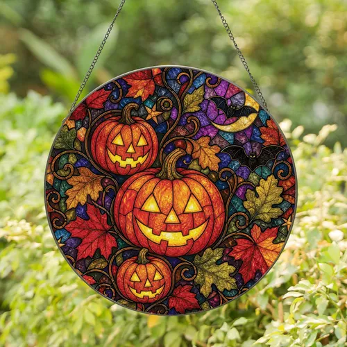 Glowing Pumpkin Halloween Stained Glass Window Decor For Autumn Homes And Gifts Collectors Stained Glass Suncatcher