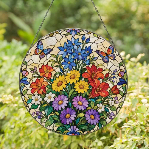 Tiffany Style Flower Bouquet Memorial Garden Gift for Mom and Nana Window Accent Home Stained Glass Suncatcher