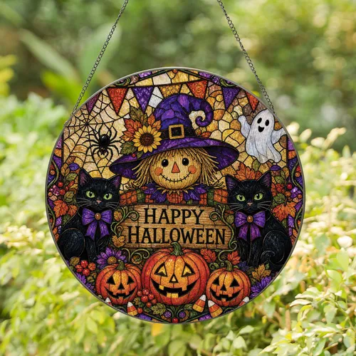 Halloween Cat And Scarecrow Window Decor For Spooky Autumn Home, Gifts, And Porch Stained Glass Suncatcher