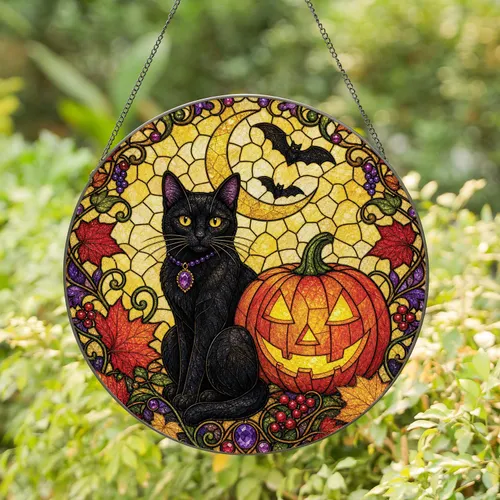 Black Cat and Jack-O'-Lantern Halloween Window Hanging for Fall Home Decor Lovers Stained Glass Suncatcher
