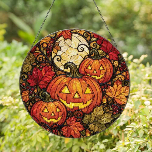 Halloween Pumpkin Moon Glow Stained Glass Window Decor For Autumn Harvest Homes Gifts Stained Glass Suncatcher
