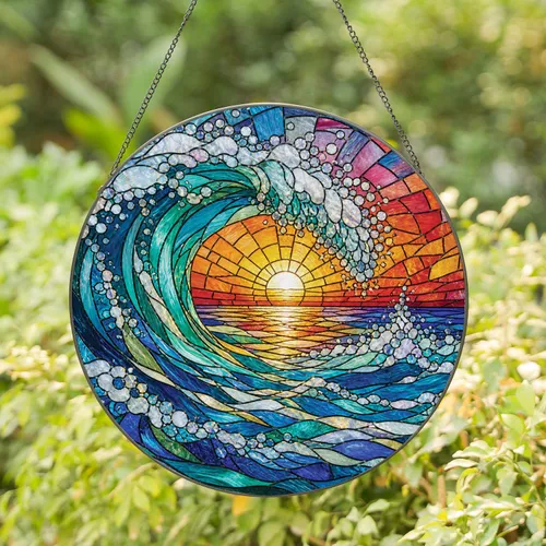 Ocean Wave Sunrise Coastal Wall Decor For Beach Homes And Serene Nautical Gifts Stained Glass Suncatcher