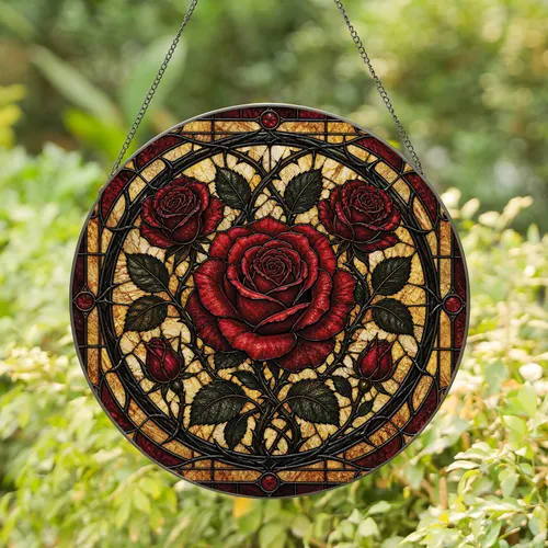 Gothic Red Rose Window Decor for Goth Homes, Dark Romantic Gift for Gothic Lovers Stained Glass Suncatcher