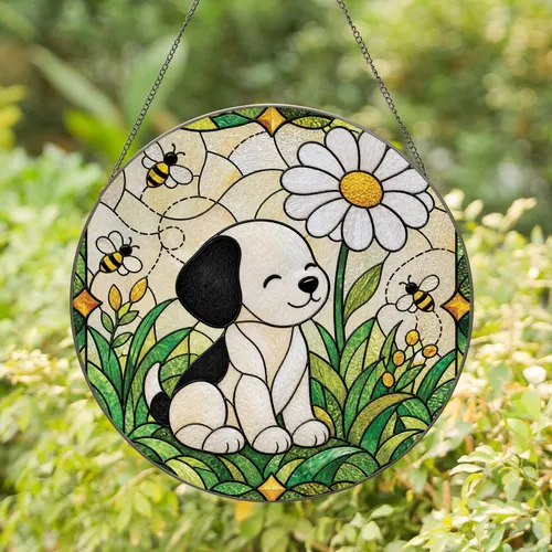 Cute Puppy With Daisy And Bees Spring Window Decor For Dog Lovers And Garden Homes Stained Glass Suncatcher