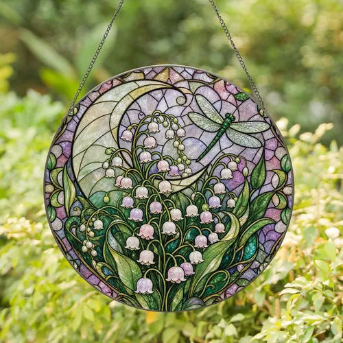 Crescent Moon Lily Of The Valley Dragonfly Window Accent For Cottage Spring Homes Gift Stained Glass Suncatcher