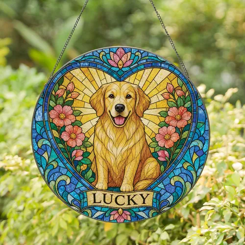 Personalized Golden Retriever Memorial Heart Floral Window Keepsake for Dog Loss Home Decor Gift